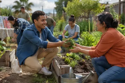 Young Volunteer Sharing Herbs in Community Garden