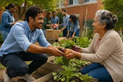 Young Volunteer Sharing Vegetables in Garden