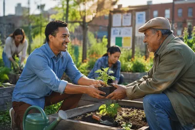 Young Volunteer Sharing Seedlings in Community Garden