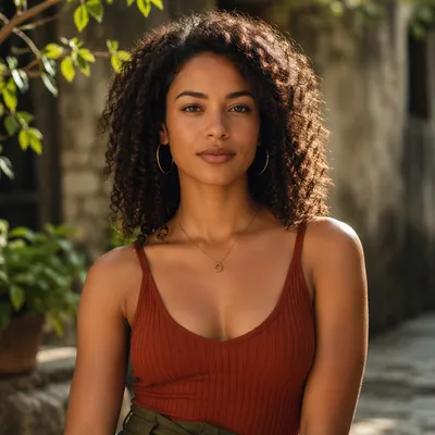 Confident Young Woman in Garden Courtyard