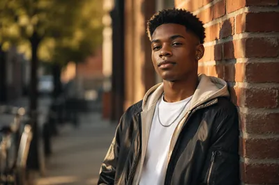Confident Black Teen Portrait by Brick Wall