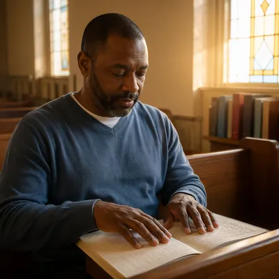 Blind Man Reading Braille Bible