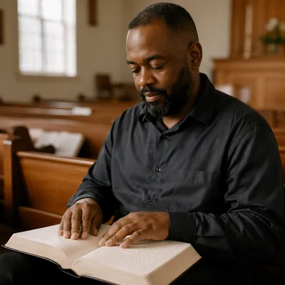 Man Reading Braille Bible in Church