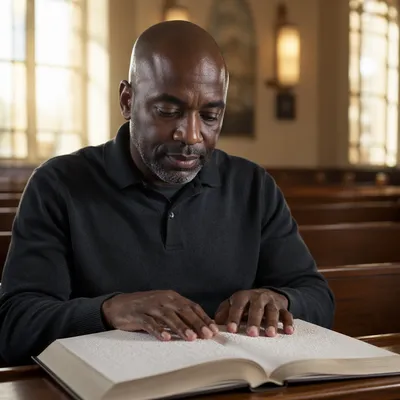 Man Reading Braille Bible in Church