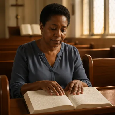 Woman Reading Braille Bible in Church