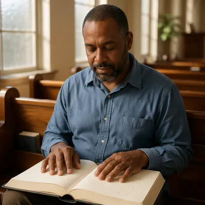 Blind Man Reading Braille Bible