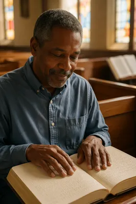 Man Reading Braille Bible in Chapel