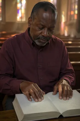 Man Reading Braille Bible in Church
