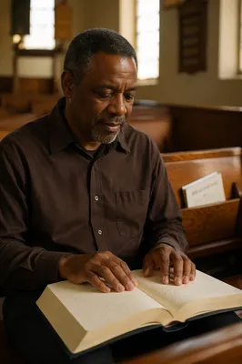 Man Reading Braille Bible in Church