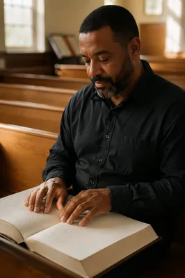 Man Reading Braille Bible in Church