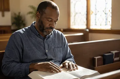 Blind Man Reading Braille Bible in Church