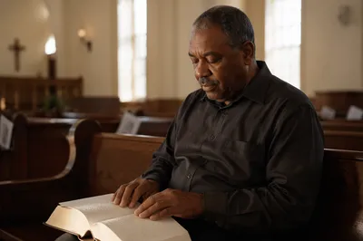 Man Reading Braille Bible in Church