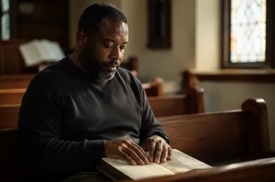 Man Reading Braille Bible in Church