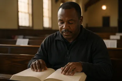 Man Reading Braille Bible in Church