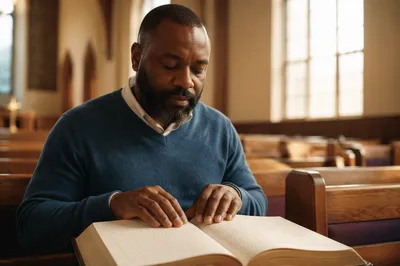 Man Reading Braille Bible in Church