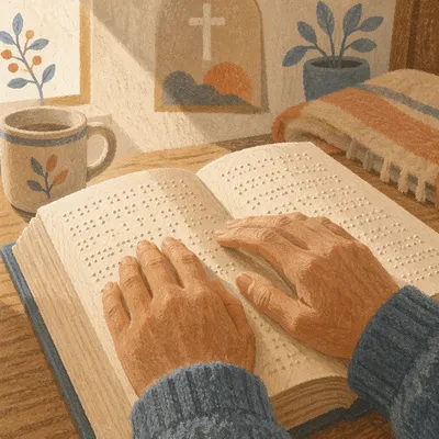 Hands Reading Braille Bible in Morning Light
