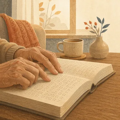 Hands Reading Braille Bible in Morning Light