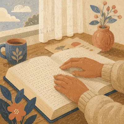 Hands Reading Braille Bible by Window