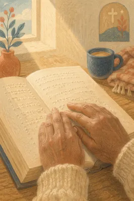 Hands Reading Braille Bible in Morning Light