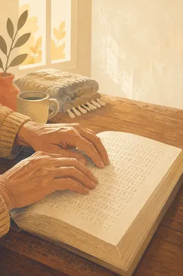 Hands Reading Braille Bible in Morning Light