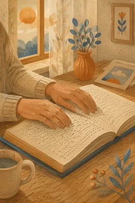 Hands Reading Braille Bible in Warm Light