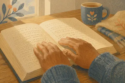 Hands Reading Braille Bible in Morning Light