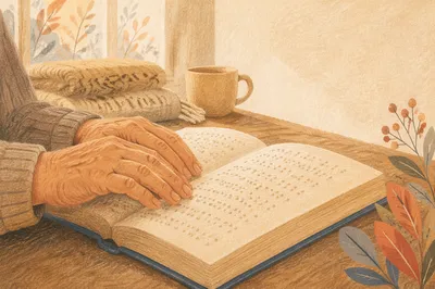 Hands Reading Braille Bible in Morning Light