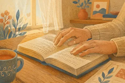 Hands Reading Braille Bible in Warm Light