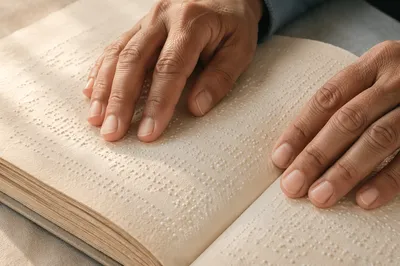 Hands Reading Braille Bible in Soft Light