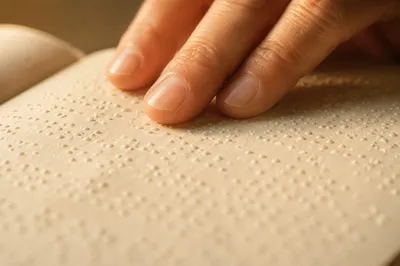 Hands Reading Braille Bible in Warm Light