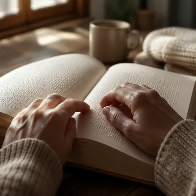 Hands Reading Braille Bible in Morning Light