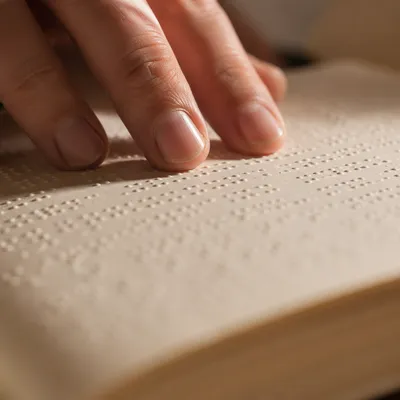 Hands Reading Braille Bible in Warm Light