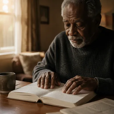 Elderly Man Reading Braille Bible by Window