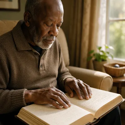 Elderly Man Reading Braille Bible by Window