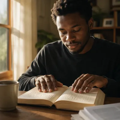 Young Man Reading Braille Bible