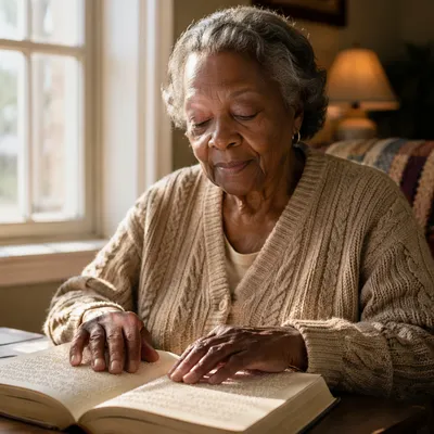 Elderly Woman Reading Braille Bible