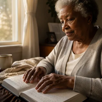 Elderly Woman Reading Braille Bible
