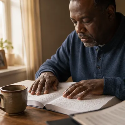 Man Reading Braille Book by Window