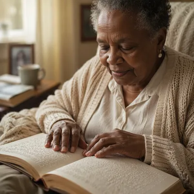 Elderly Woman Reading Braille Bible