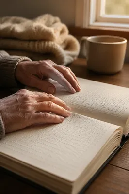 Hands Reading Braille Bible in Morning Light
