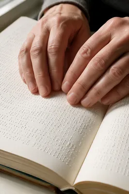 Hands Reading Braille Bible in Soft Light