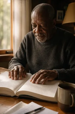 Elderly Man Reading Braille Bible