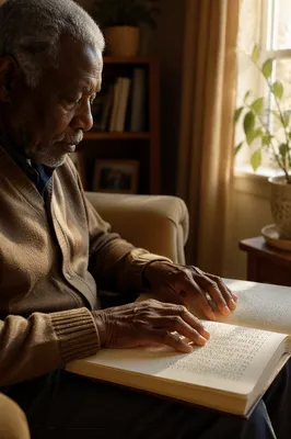 Elderly Man Reading Braille Book