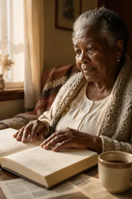 Elderly Woman Reading Braille Bible