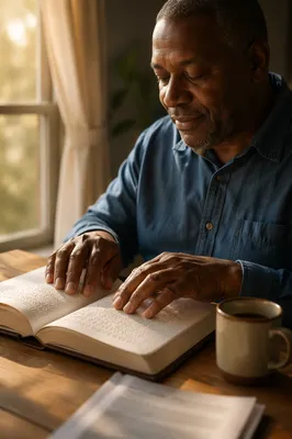 Man Reading Braille Book by Window