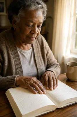 Elderly Woman Reading Braille Book by Window
