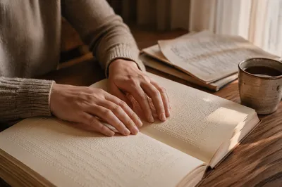 Hands Reading Braille Bible in Warm Light