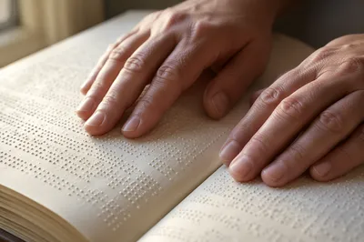 Hands Reading Braille Bible in Soft Light