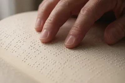 Hands Reading Braille Bible in Soft Light