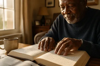 Elderly Man Reading Braille Bible
